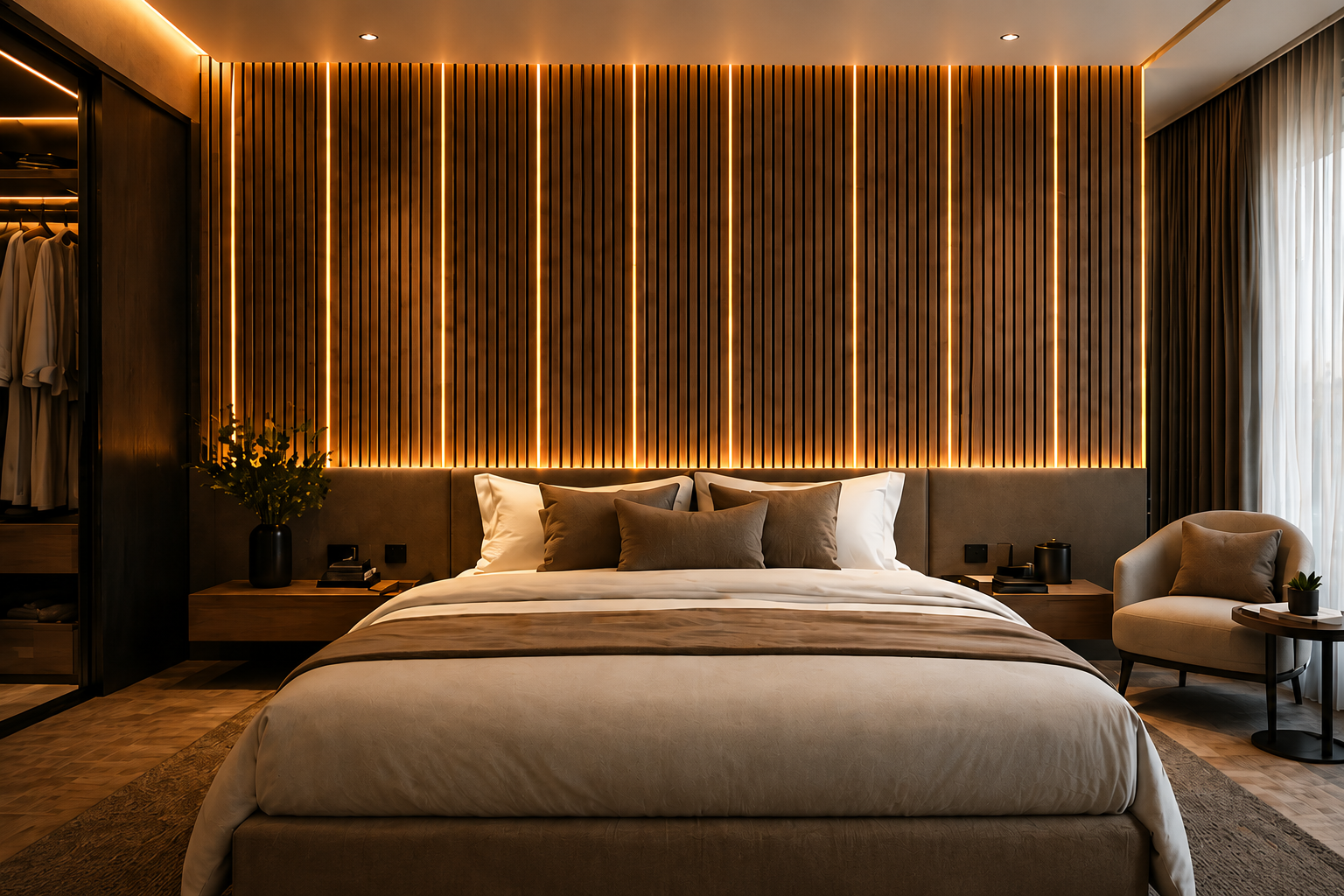 Modern bedroom with acoustic wood slat panels