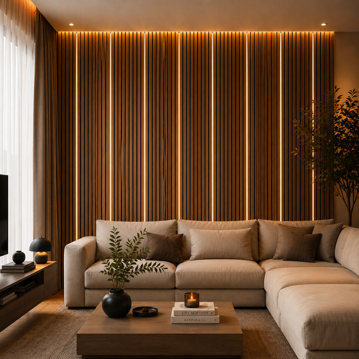 Modern living room with acoustic wood slat panels