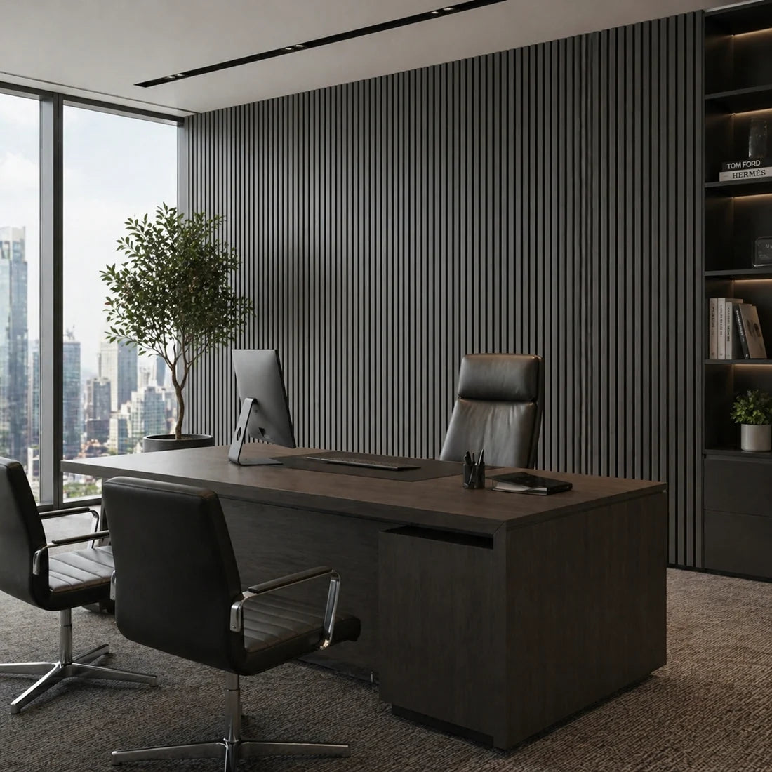 Office with acoustic wood slat panels